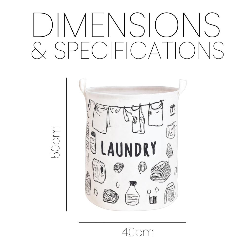 Laundry Basket & Laundry Bag – White Fabric Bag with Black Design Print - 3 Designs