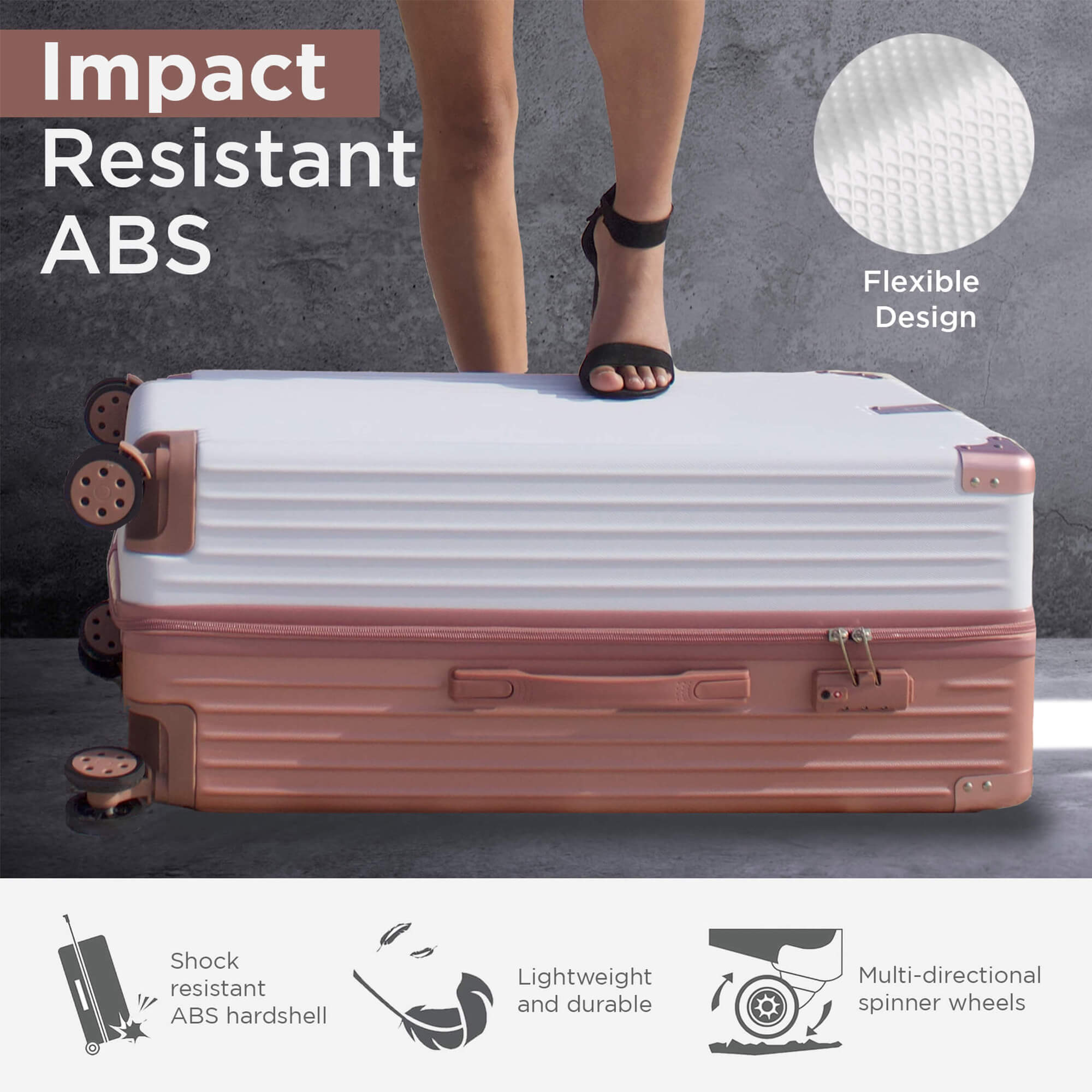 Berlin Anti-Theft Luggage Hardshell Suitcases Set of 2 with Cover - Rose Gold and Cream