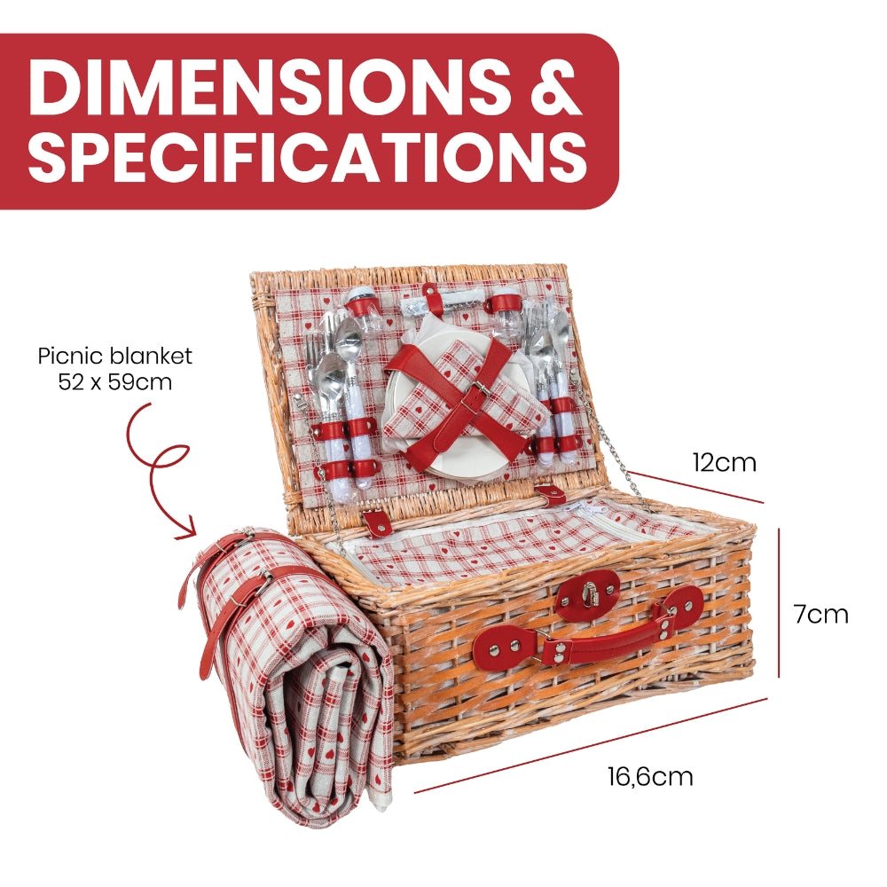 Classic Full Willow Wicker Basket – 4-Person Picnic Set with Blanket - Red Hearts