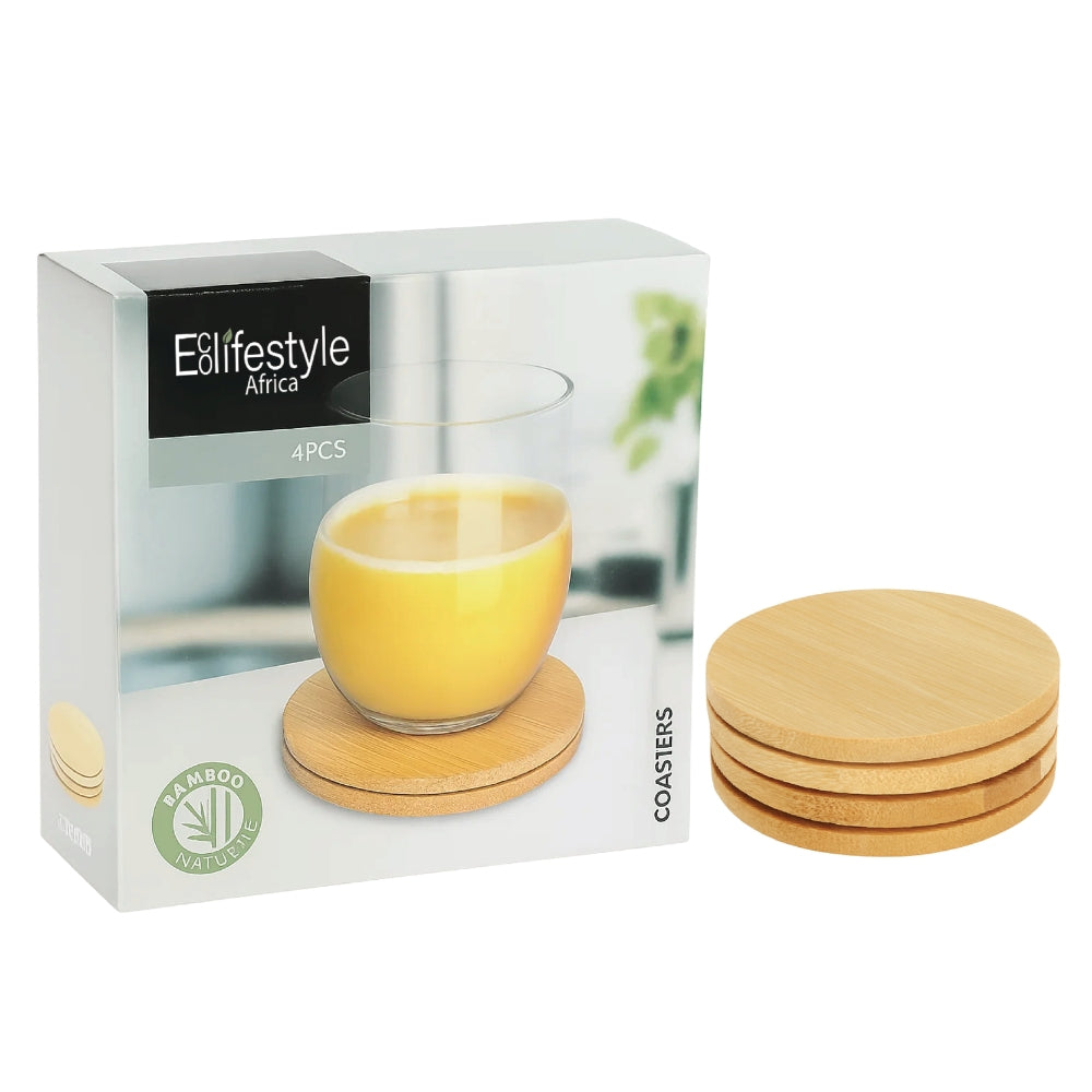 Premium Bamboo Coasters for Drinks – 4 Piece Set, Round or Square Styles