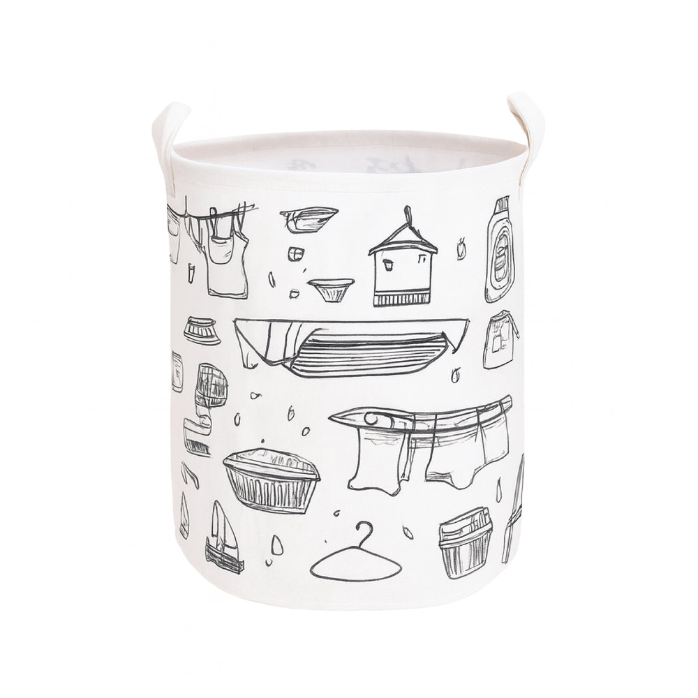 Laundry Basket & Laundry Bag – White Fabric Bag with Black Design Print - 3 Designs