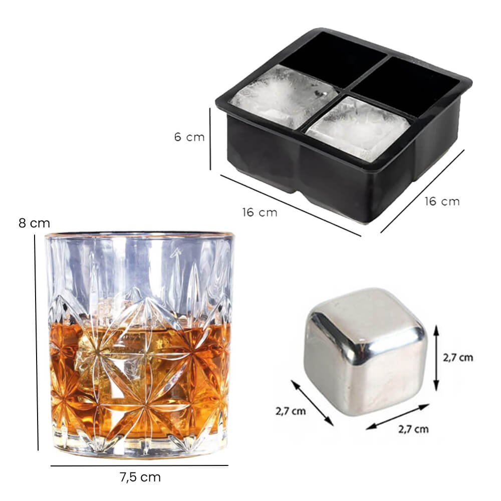 Whiskey Glasses 350ml & Stainless Steel Ice Cubes + Square Ice Tray