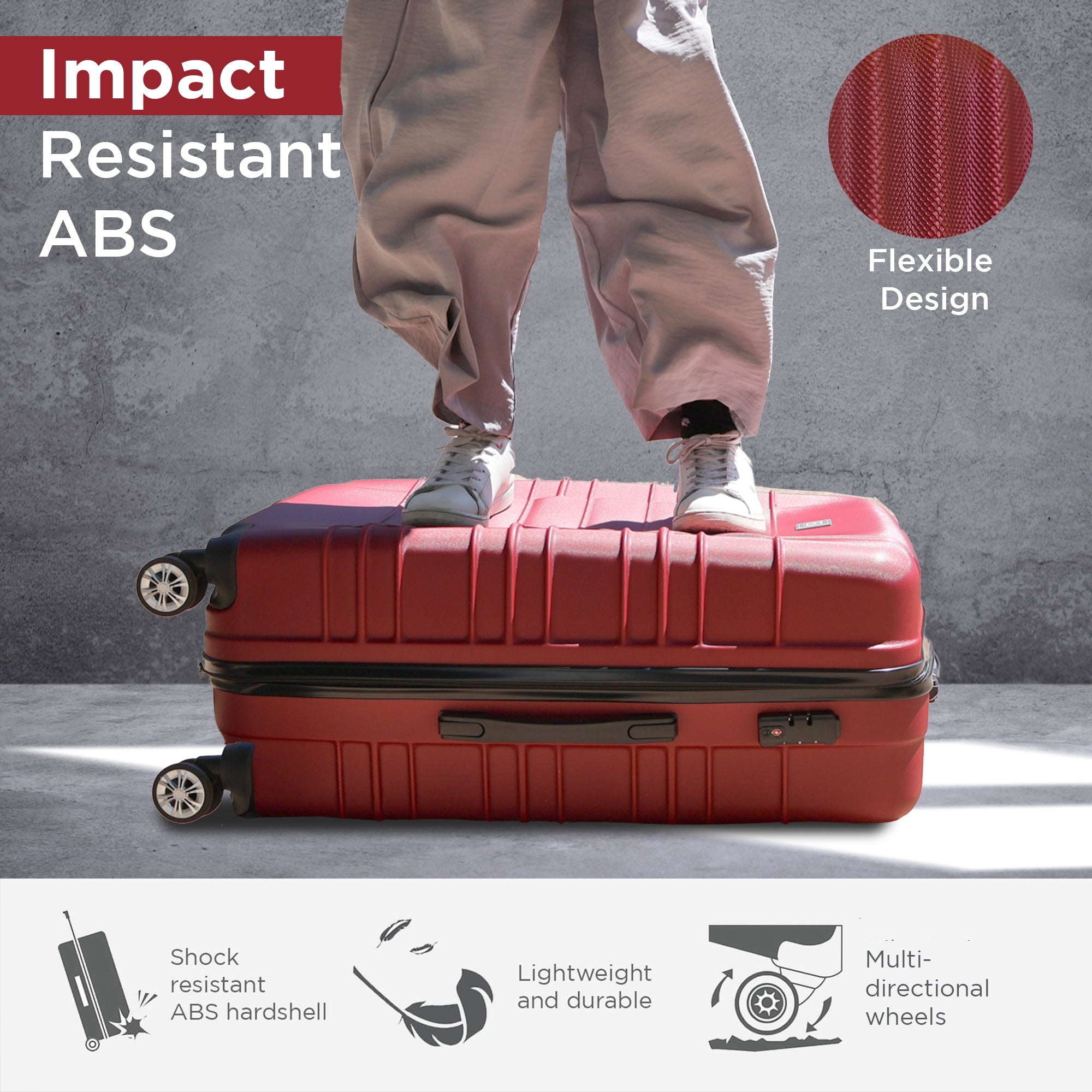 Santorini Hardshell Luggage Set - 360 Spinner Wheels - 4 Pieces- Red
