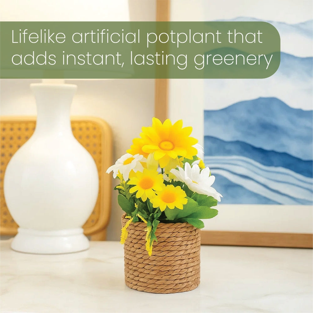 Artificial Flowers in Threaded Rope Basket – 3 Colour Variant Plants