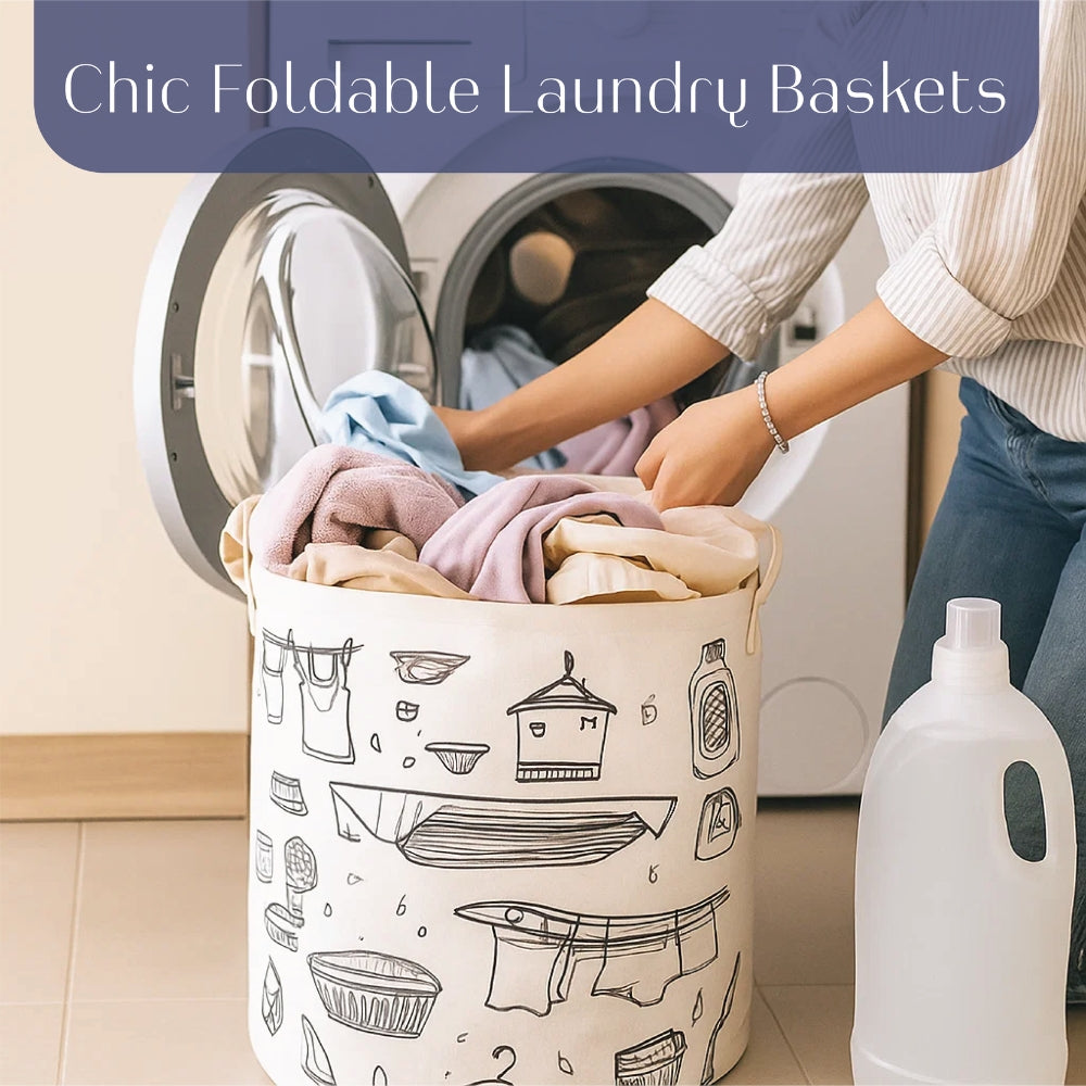 Laundry Basket & Laundry Bag – White Fabric Bag with Black Design Print - 3 Designs