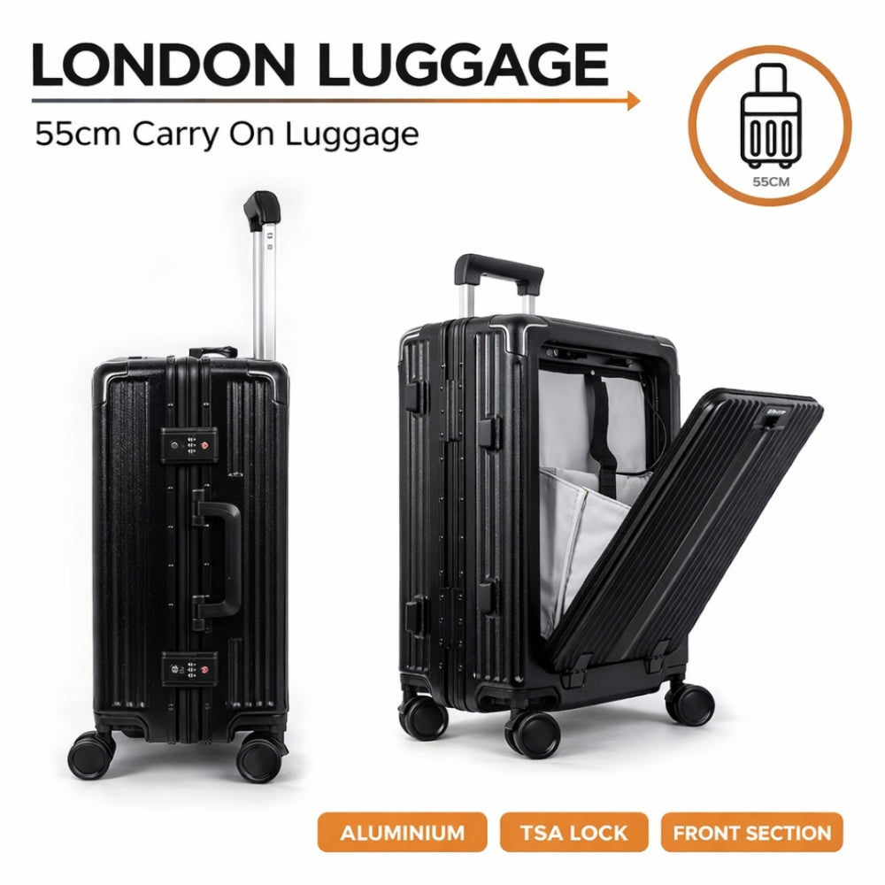 London Premium Zipper less Smart Hardshell Carry-On – Jet Black