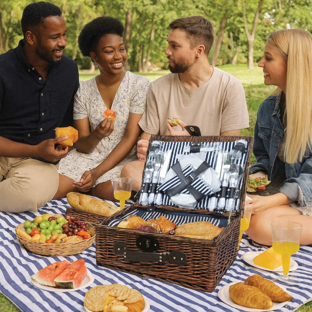 Classic Full Willow Wicker Basket – 4-Person Picnic Set with Blanket - Navy Stripes