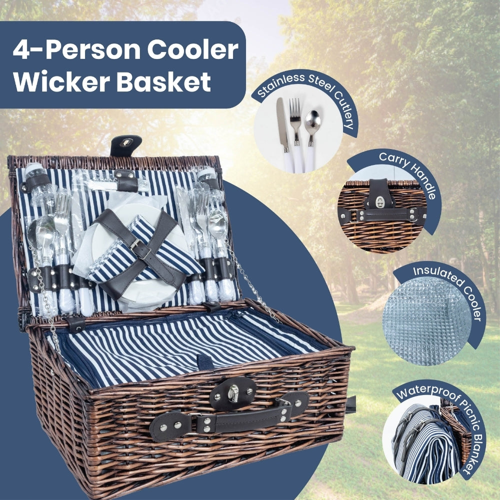 Classic Full Willow Wicker Basket – 4-Person Picnic Set with Blanket - Navy Stripes