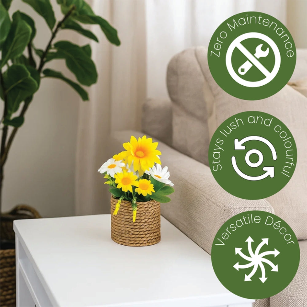 Artificial Flowers in Threaded Rope Basket – 3 Colour Variant Plants