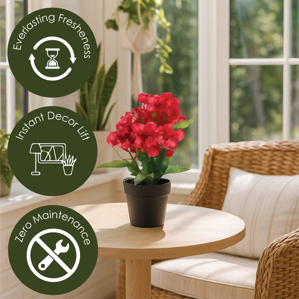 Small Artificial Plant Potted Flowers in Black Pot – 4 Colours