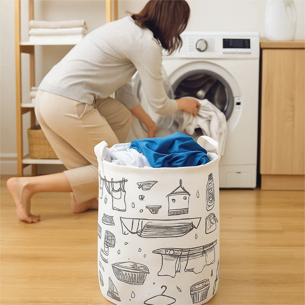Laundry Basket & Laundry Bag – White Fabric Bag with Black Design Print - 3 Designs