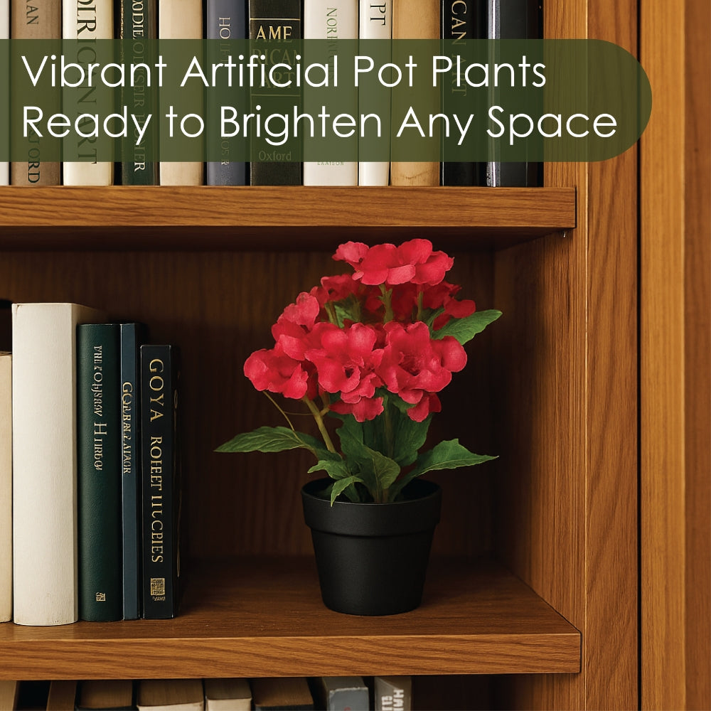 Small Artificial Plant Potted Flowers in Black Pot – 4 Colours