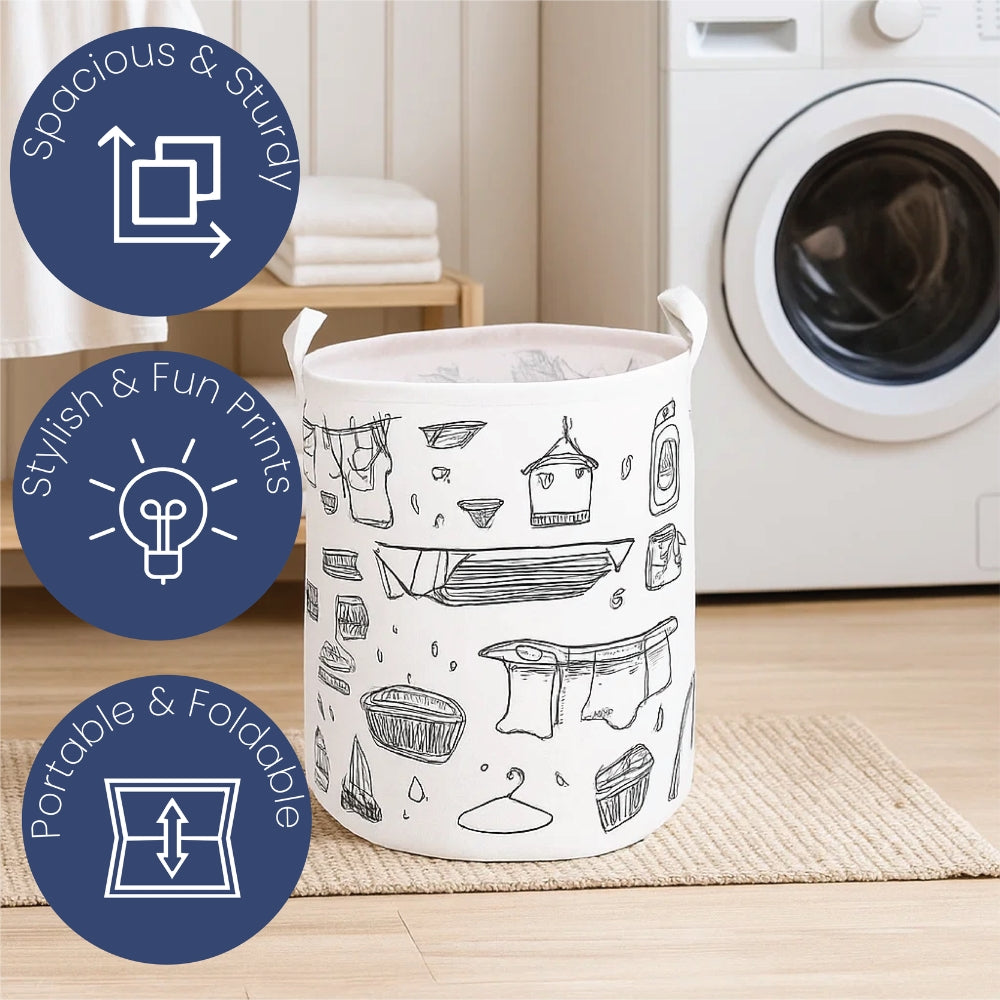 Laundry Basket & Laundry Bag – White Fabric Bag with Black Design Print - 3 Designs