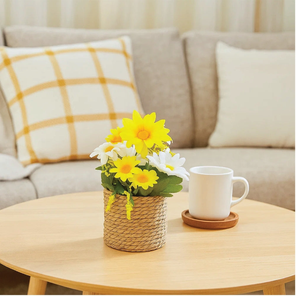 Artificial Flowers in Threaded Rope Basket – 3 Colour Variant Plants