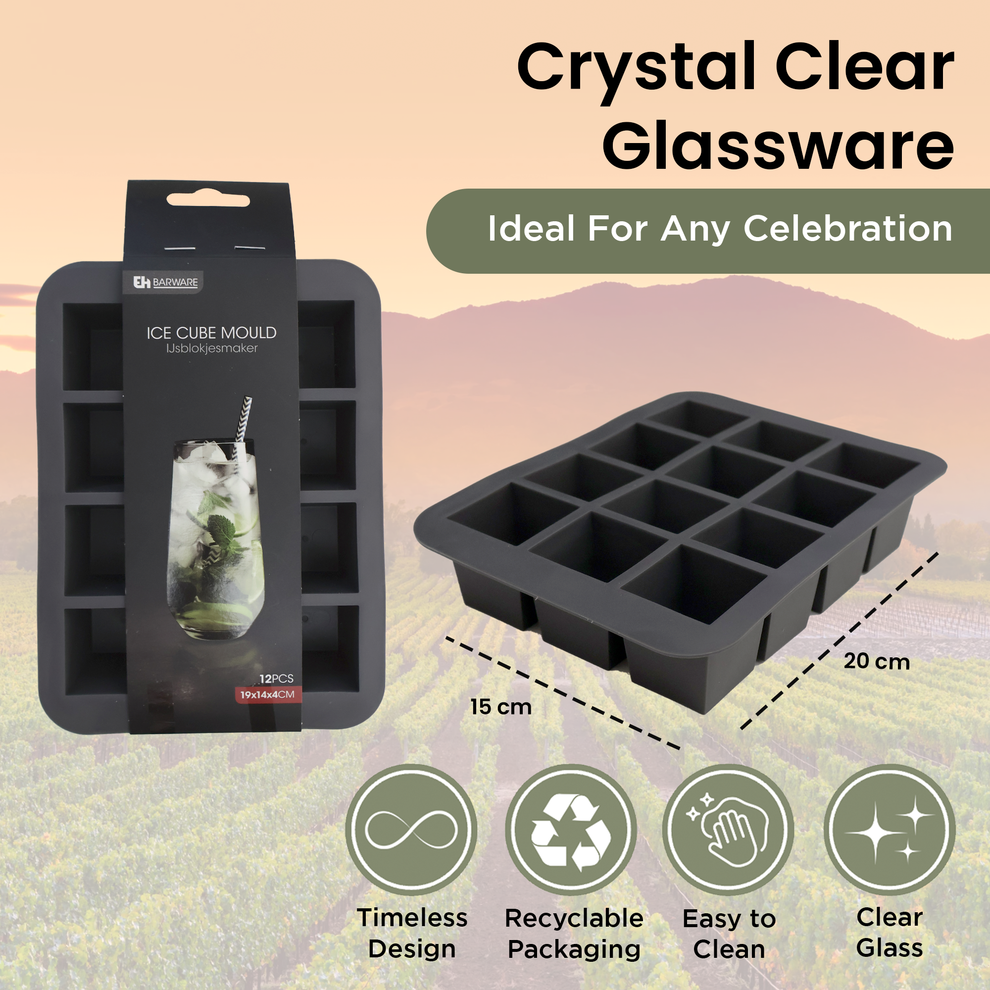 Square Ice Cube Tray - 12 Cubes