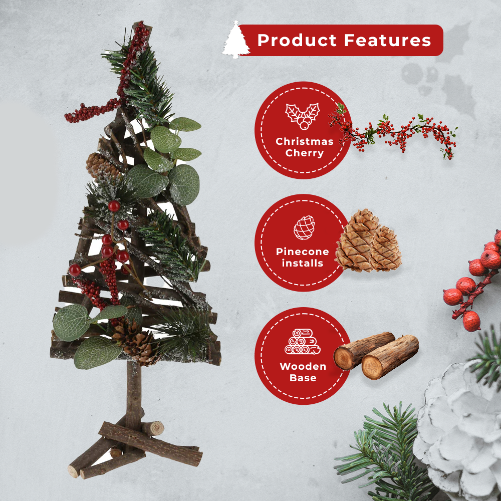 Christmas Tree with Red Berries, Wood, and Pine Cones