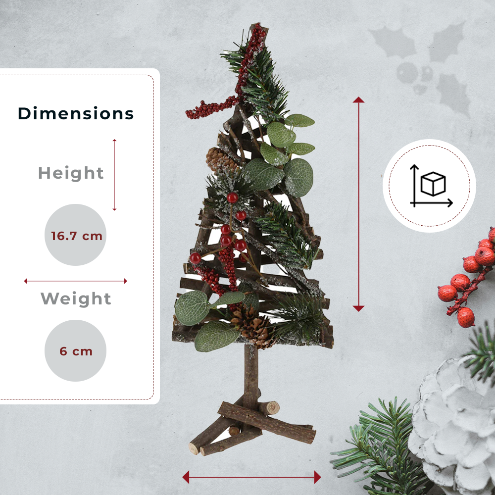 Christmas Tree with Red Berries, Wood, and Pine Cones