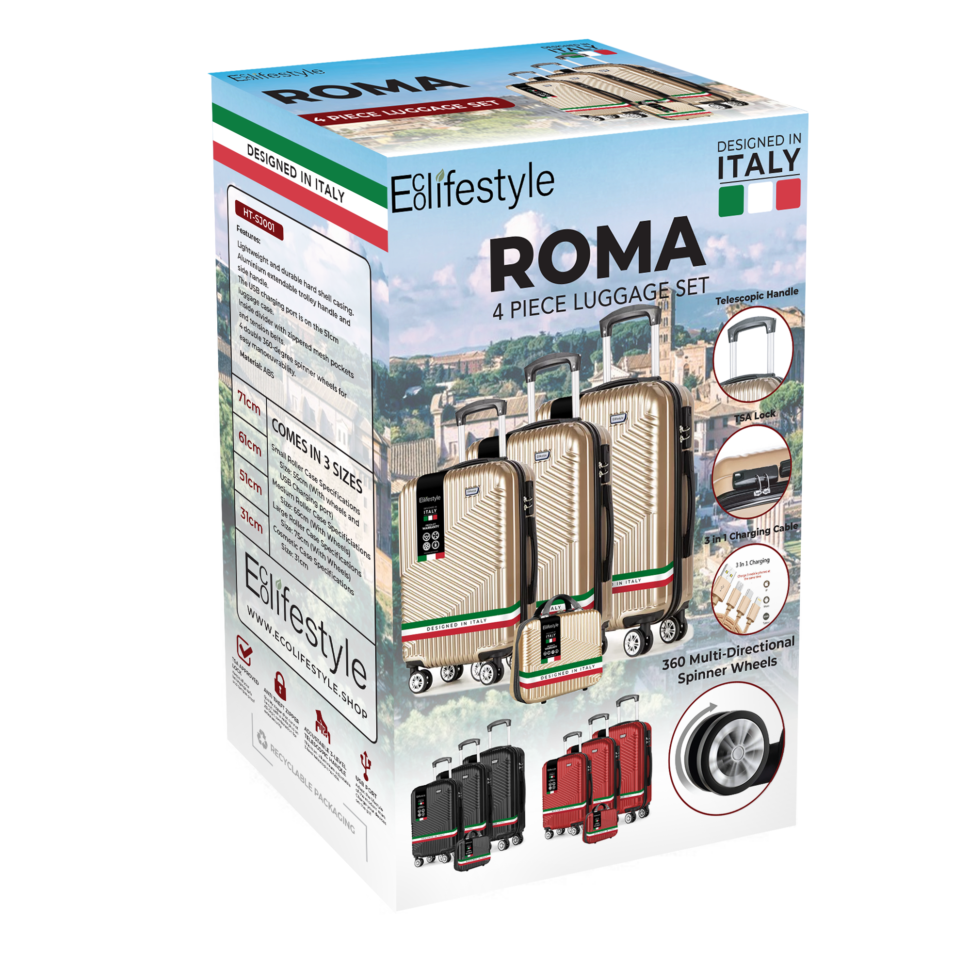 Roma Hardshell Luggage Set on 360° Spinner Wheels with TSA Lock and Protective Cover