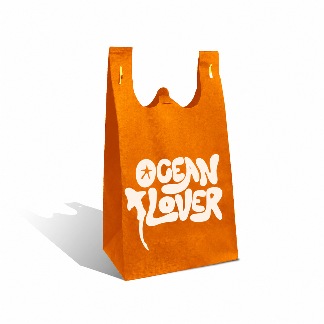 An orange reusable plastic bag with white 'OCEAN LOVER' text printed on the front, shown on a clean white background with a soft shadow.