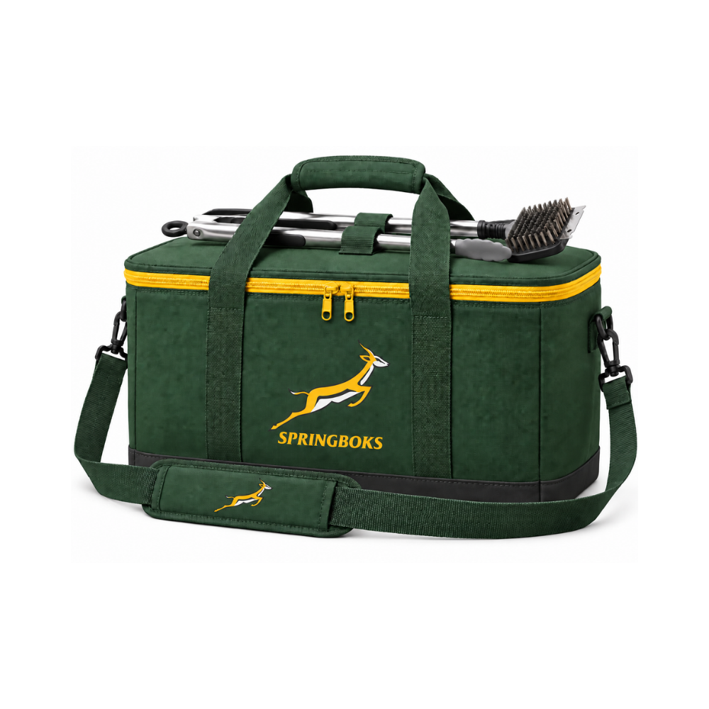 COOL45 Springboks Braai Cooler Bag 45L with Stainless Steel Tongs & Scraper Brush