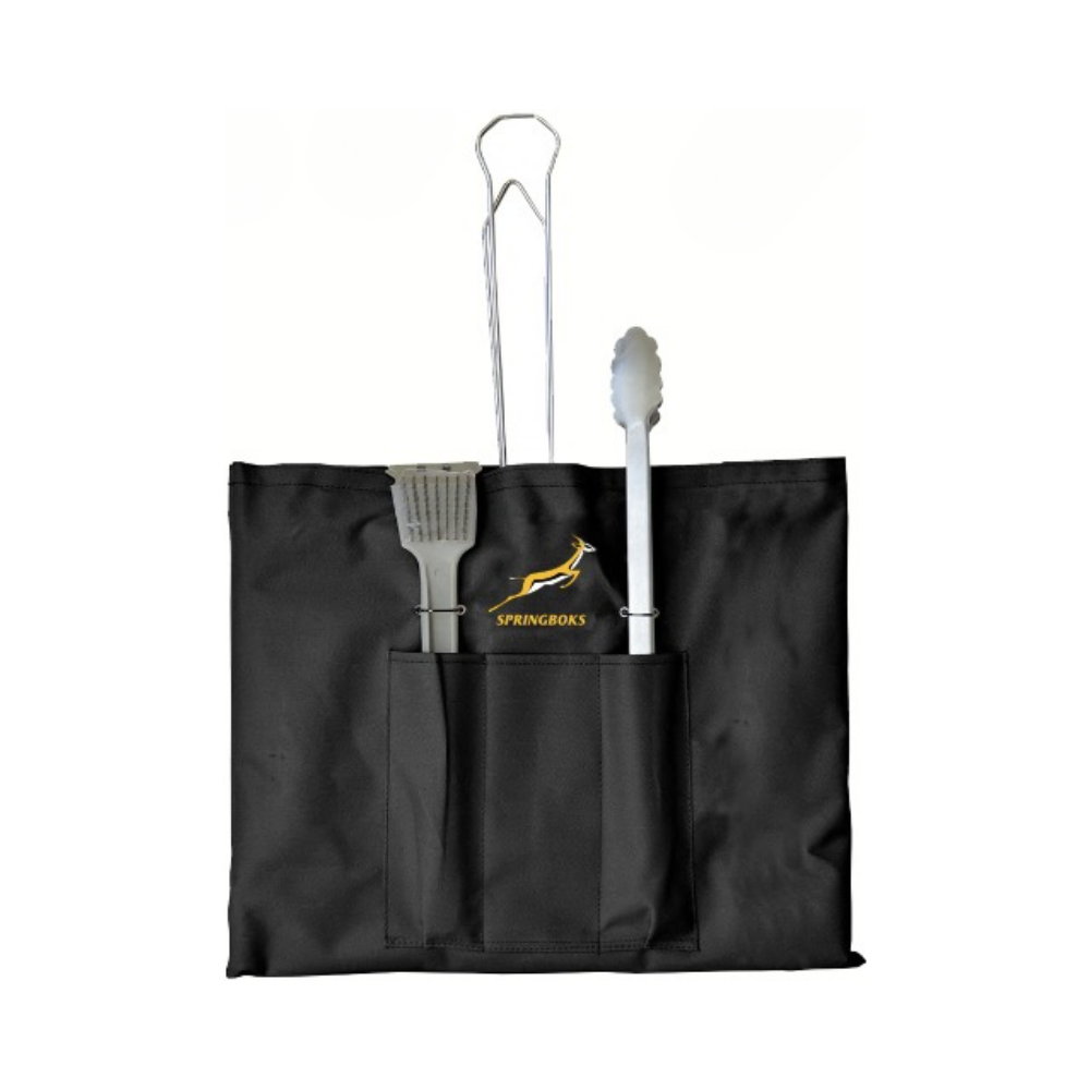 BR01 Springboks Steel Braai Set of Grid, Tongs, Scraper Brush and Velcro Bag