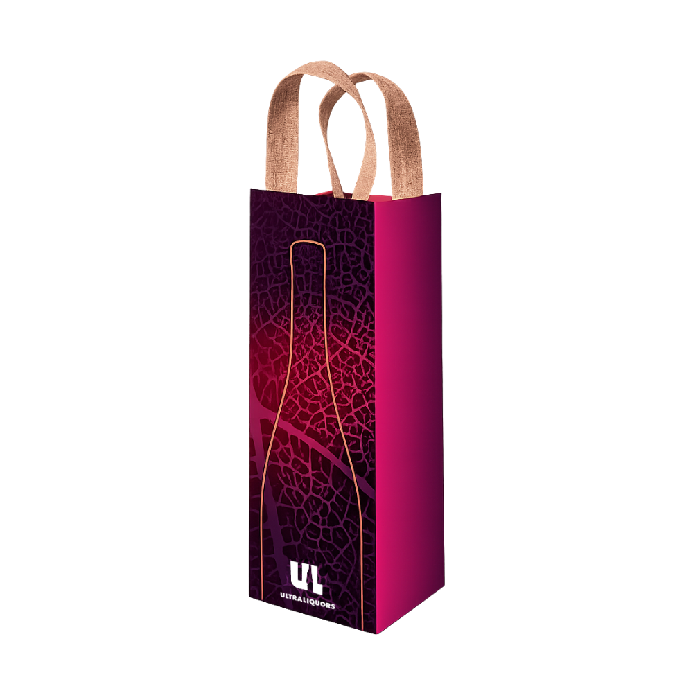 Bags Direct Ultra Liquors wine gift bag with beige handles, a purple and magenta leaf-vein pattern, a gold bottle outline, plain magenta side panels and a white logo near the base.