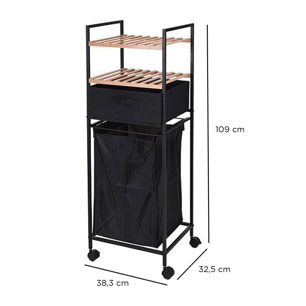 Bathroom Rack with 2 Bamboo Shelves and 40L Laundry Bag