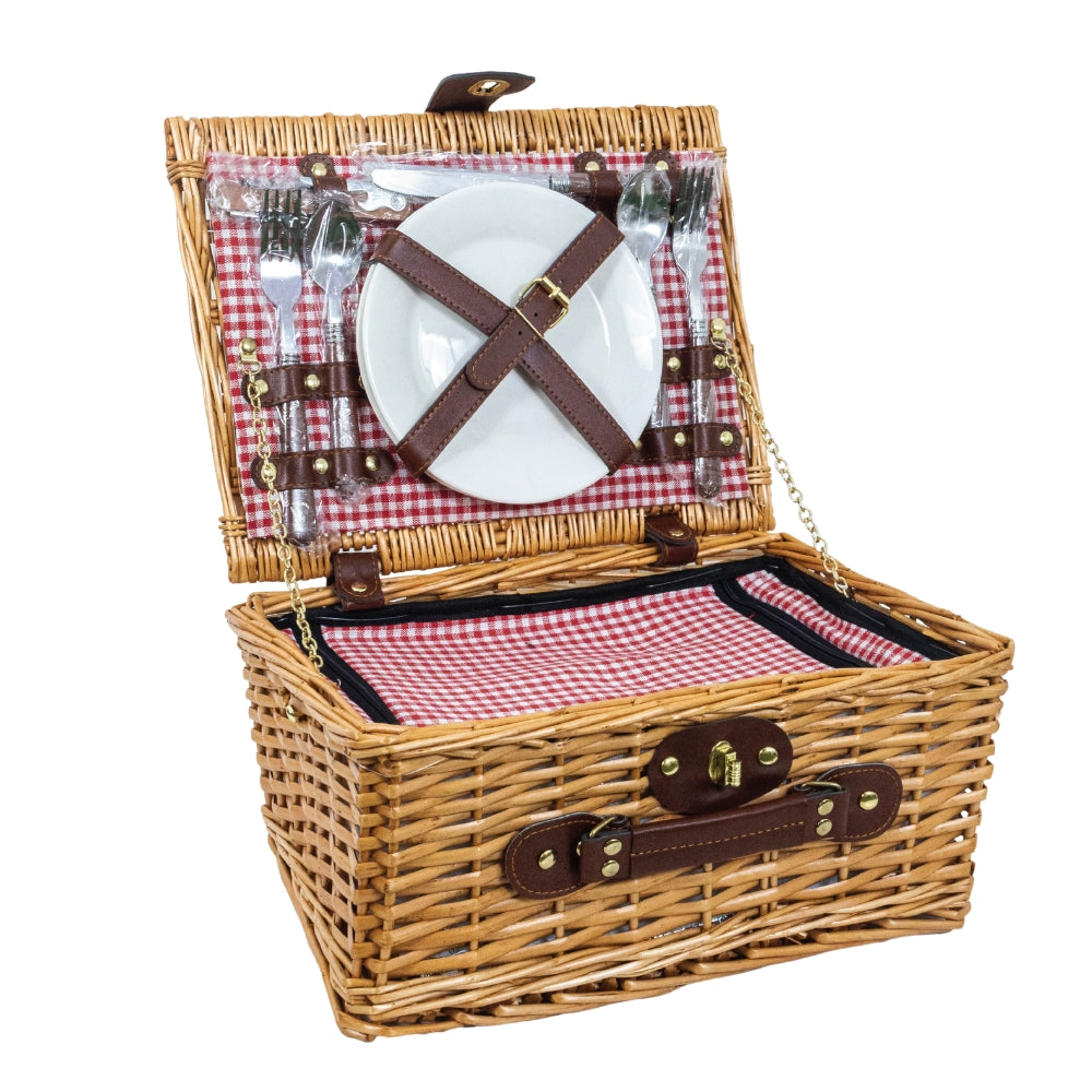 Compact 2-Person Wicker Picnic Basket Set - Red/Blue