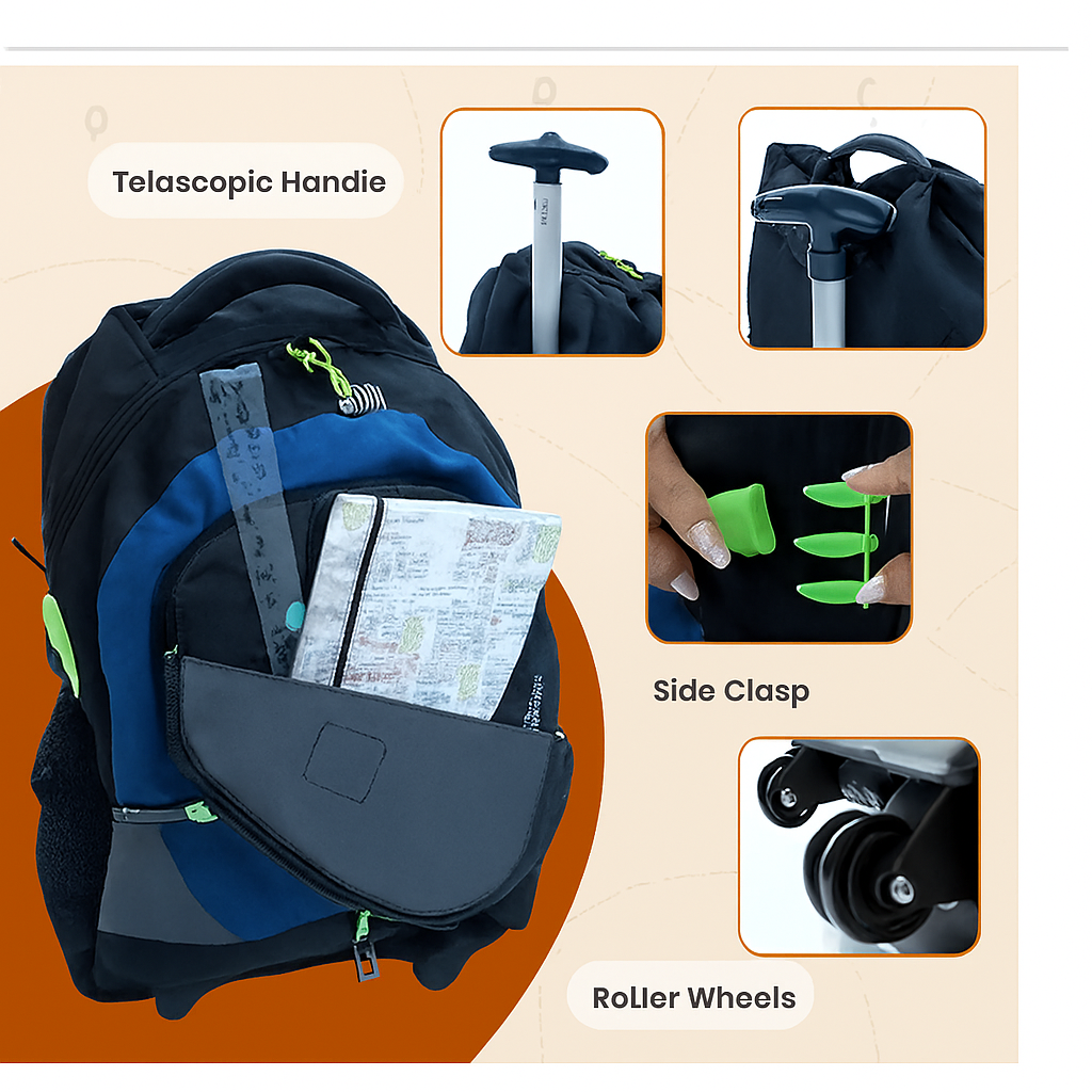 Telescopic Trolley Backpack with Roller Ball Wheels - Navy
