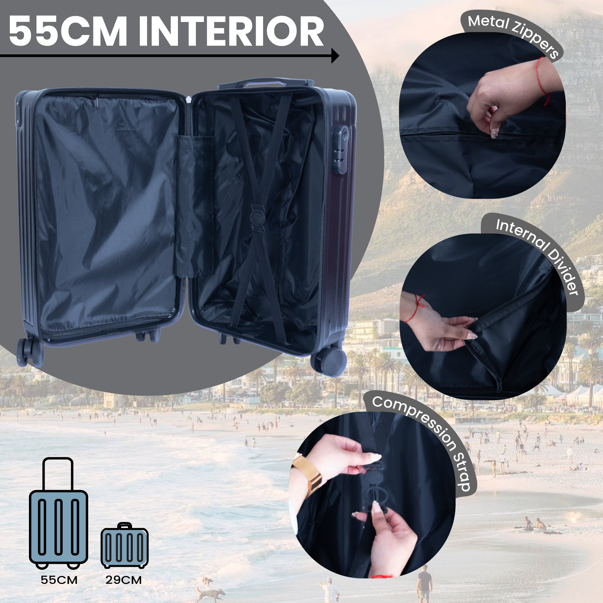 Dubai Hard Shell Carry-On Suitcase with Cosmetic Case - Jet Black