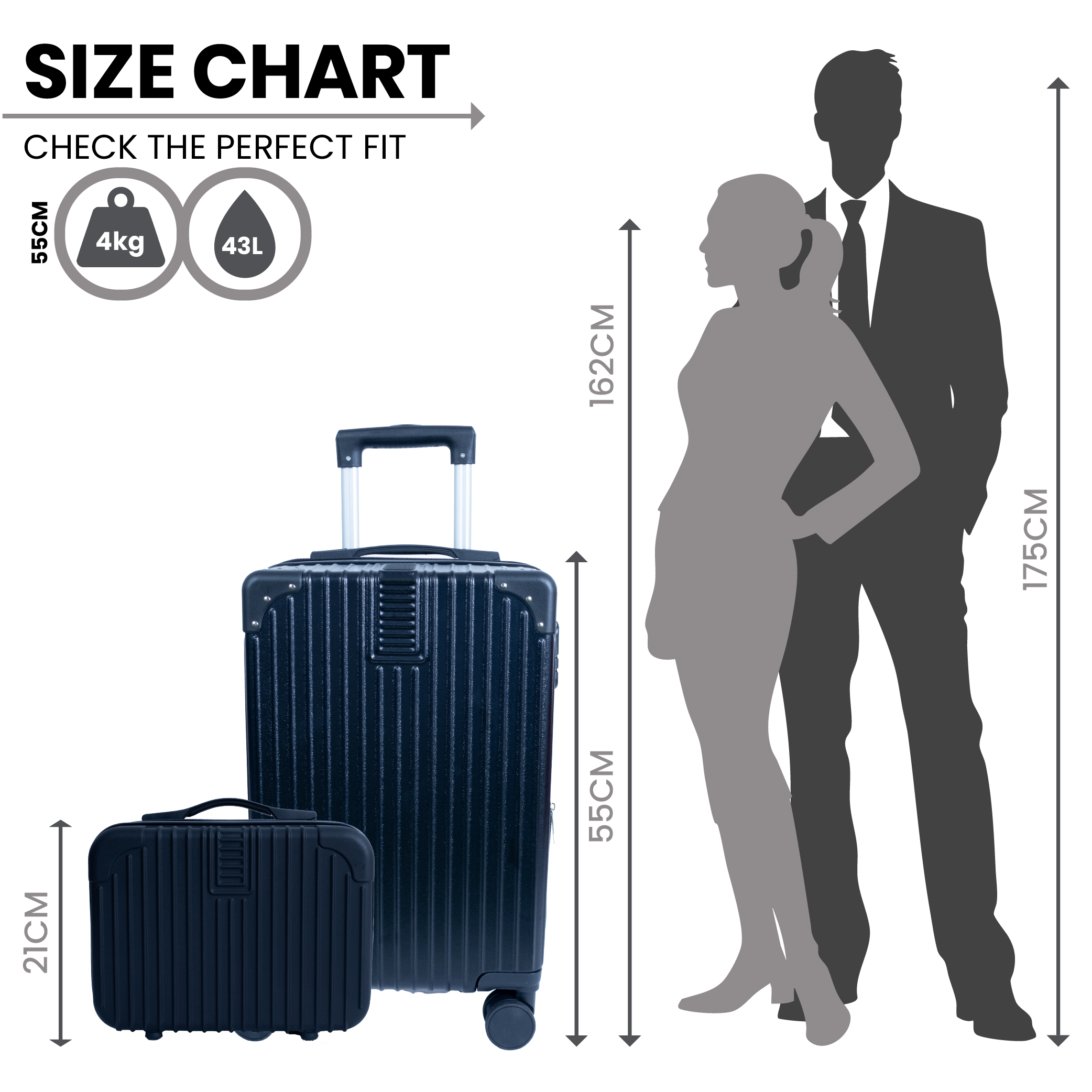 Dubai Hard Shell Carry-On Suitcase with Cosmetic Case - Jet Black