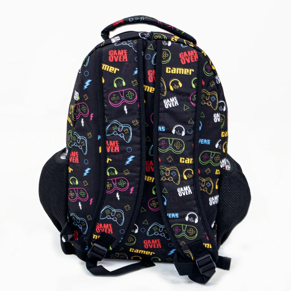 Game Over Backpack | Gaming School Bag with Gamer Icon Print