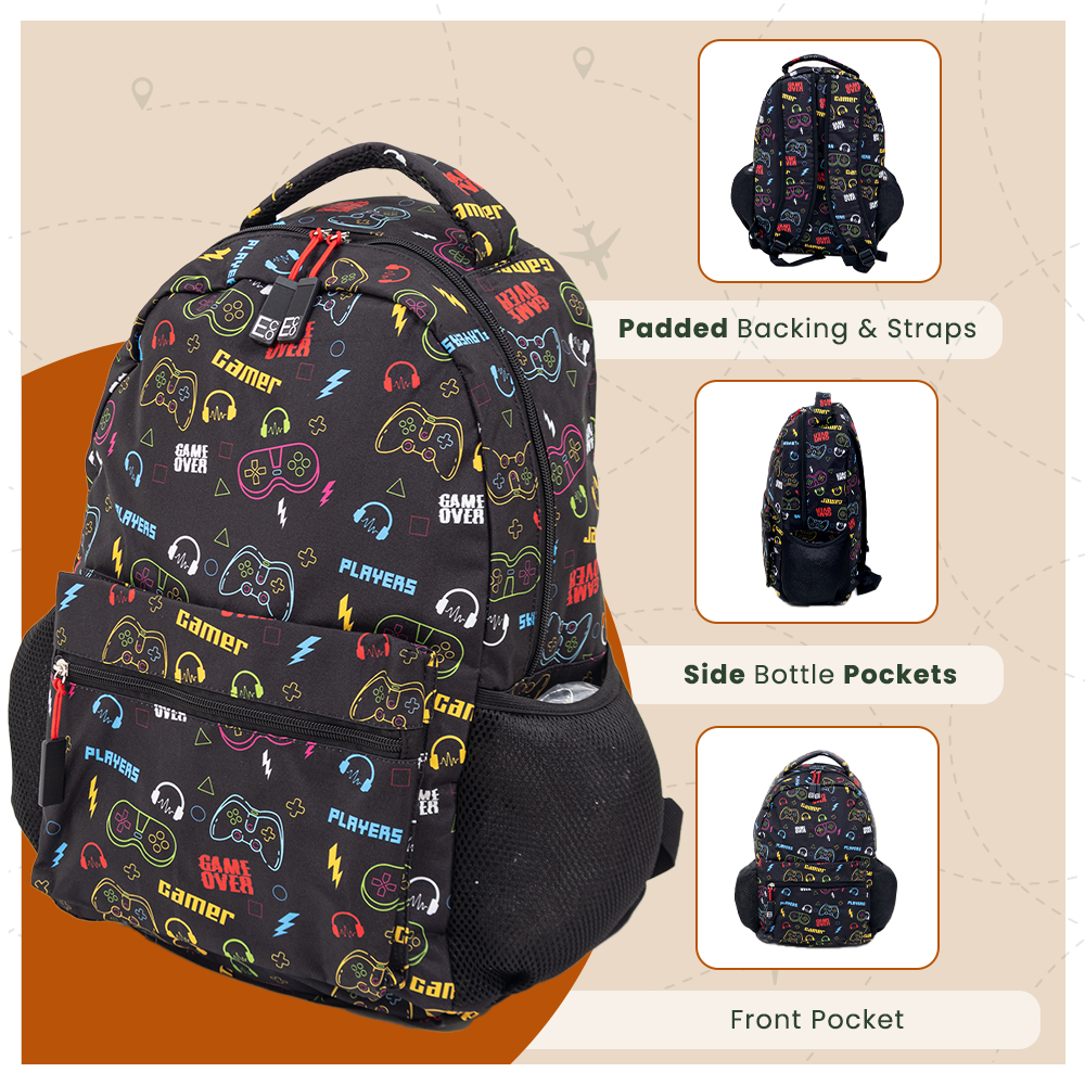 Game Over Backpack | Gaming School Bag with Gamer Icon Print