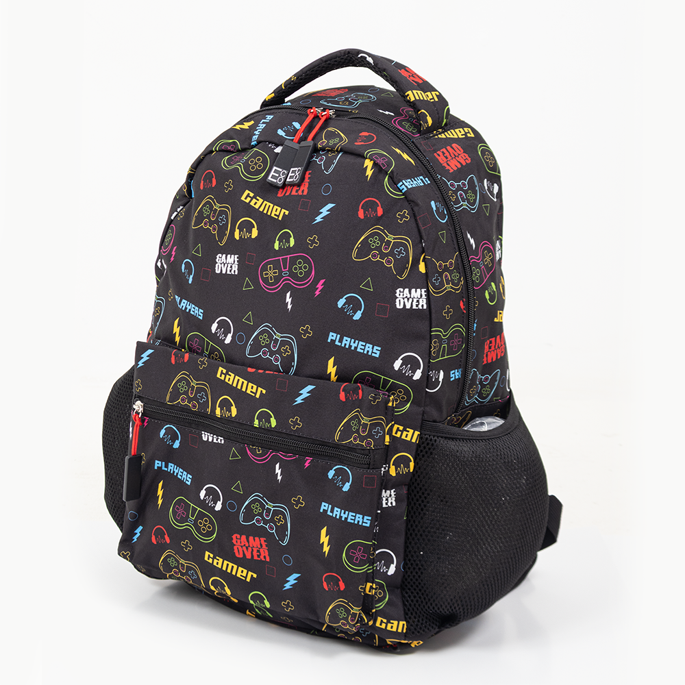 Game Over Backpack | Gaming School Bag with Gamer Icon Print