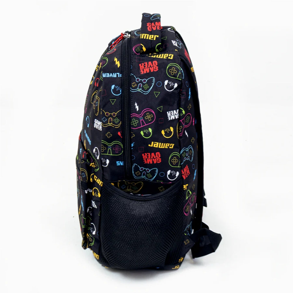 Game Over Backpack | Gaming School Bag with Gamer Icon Print