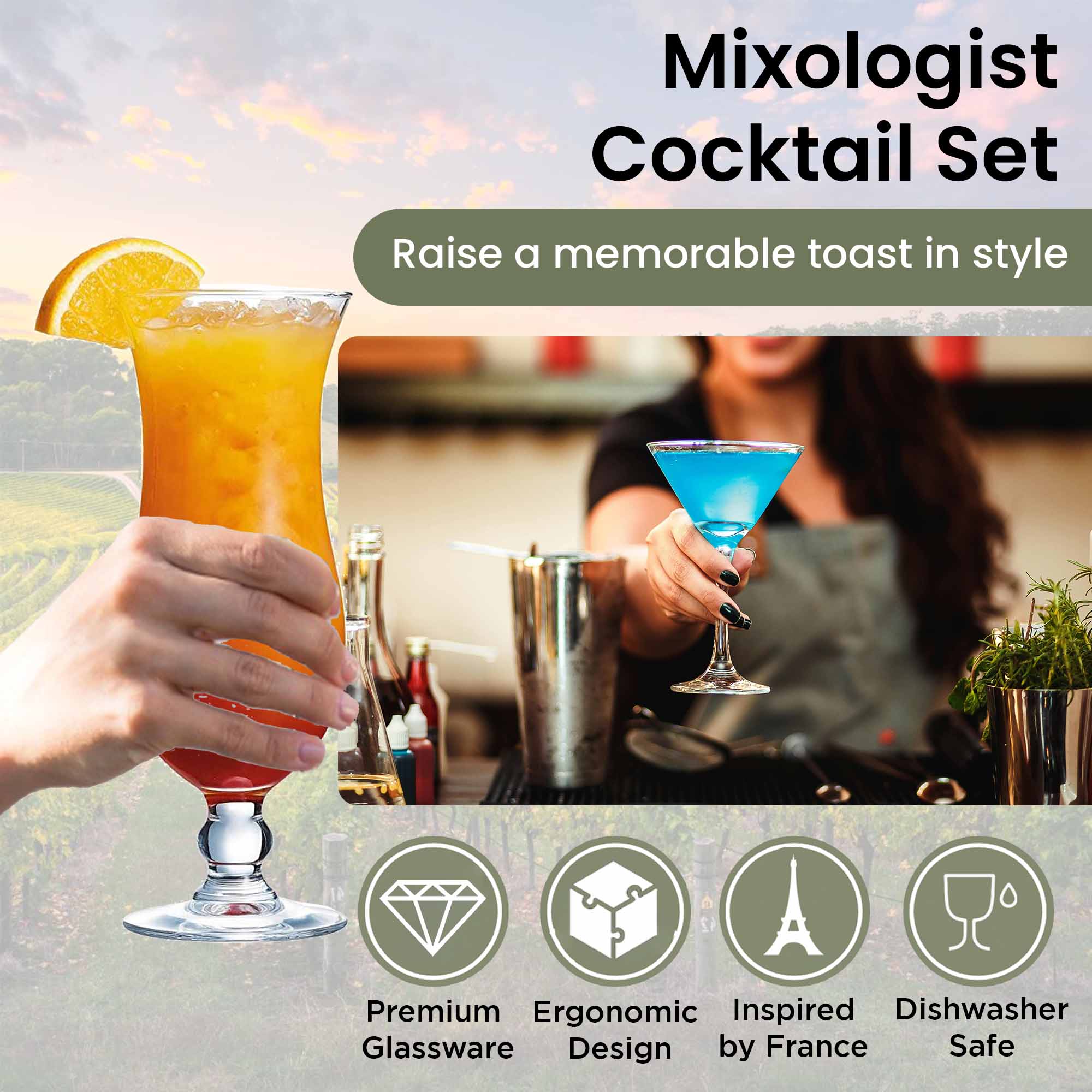 Cocktail Glasses Set of 12 Pieces - Martini, Gin & Tonic, Hurricane
