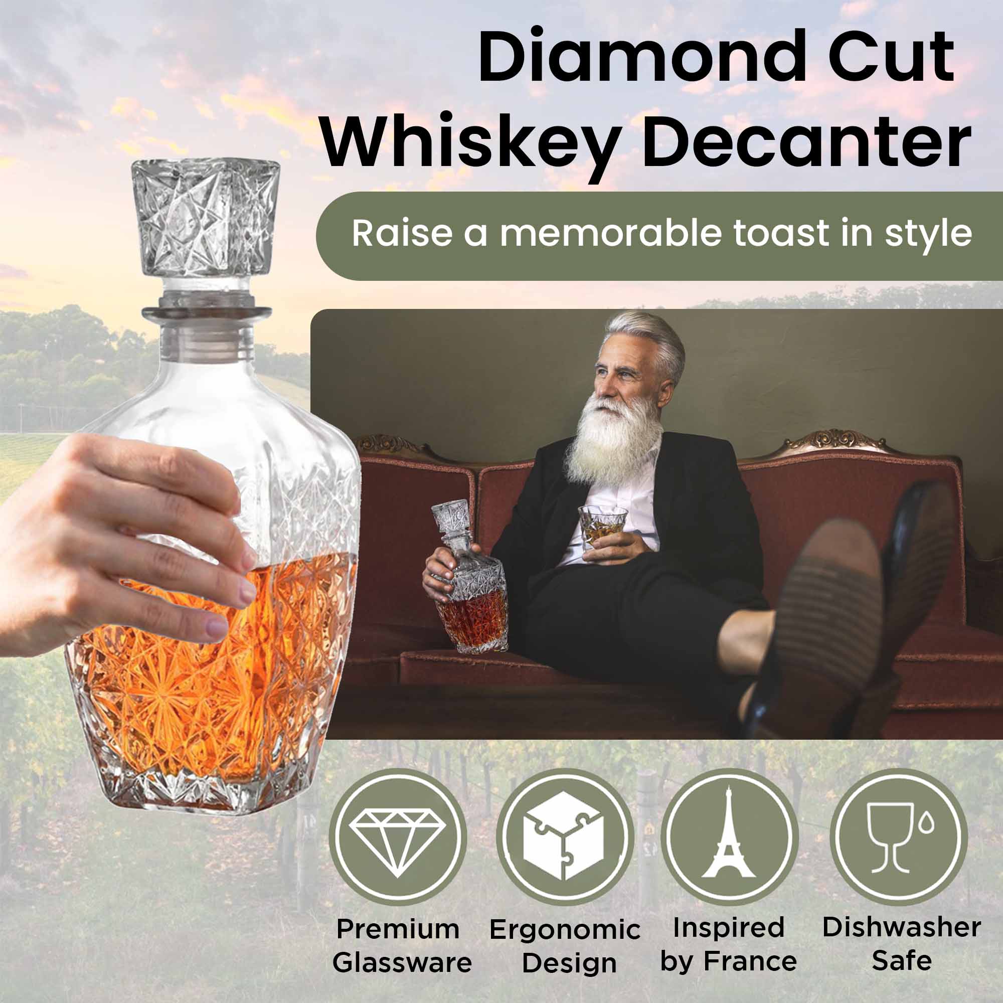 Whiskey Decanter with Airtight Lid - 900ml - Diamond Cut