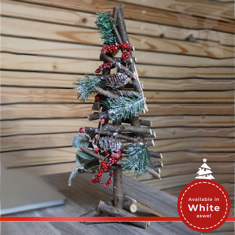Christmas Tree with Red Berries, Wood, and Pine Cones
