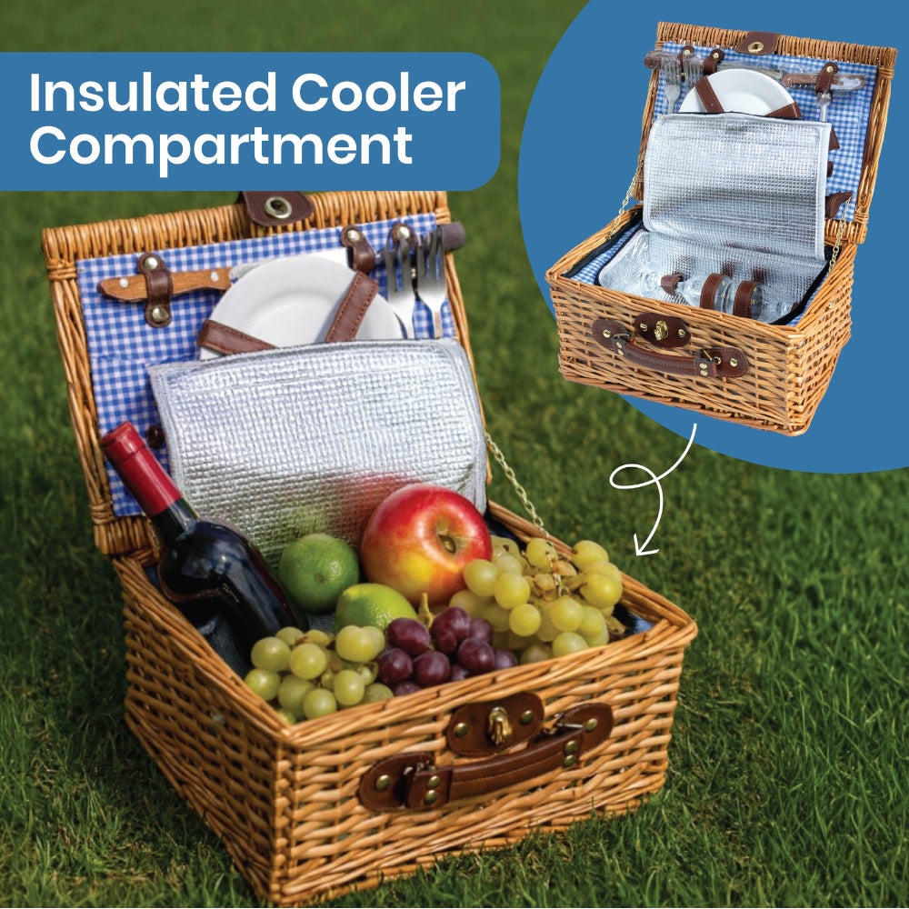 Compact 2-Person Wicker Picnic Basket Set - Red/Blue