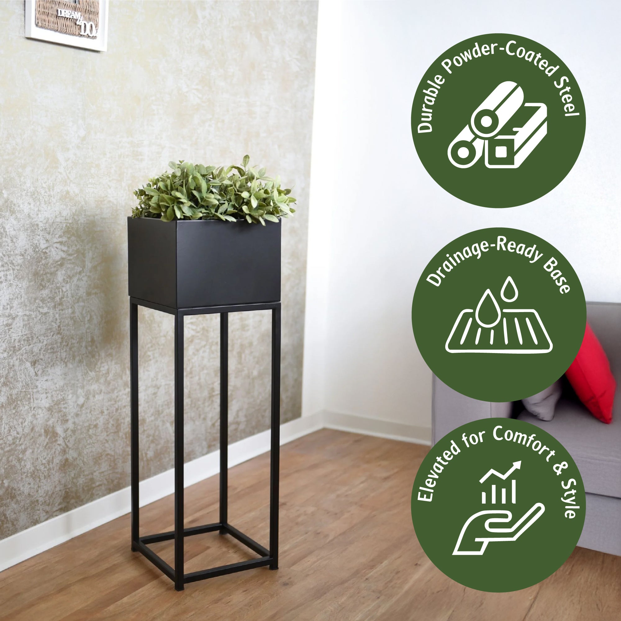 Black Metal Raised Flower Pot and Planter Pot – 50cm Height (18x21cm)