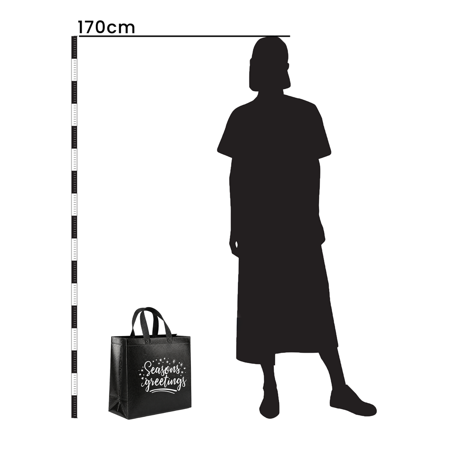 Silhouette of a person wearing a long dress with a height measurement and a tote bag labeled 'Seasons Greetings'.