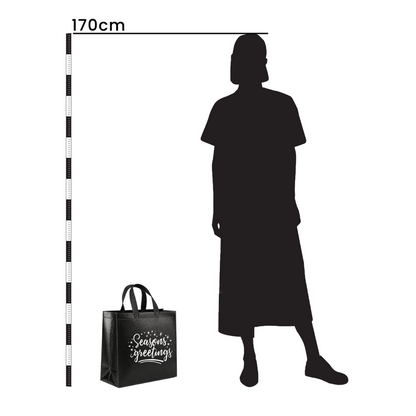 Silhouette of a person wearing a long dress with a height measurement and a tote bag labeled 'Seasons Greetings'.