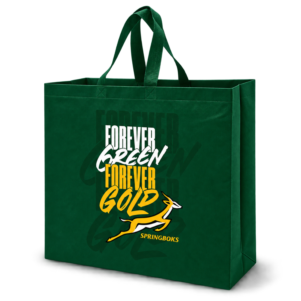 A dark green reusable tote bag with the words 'FOREVER GREEN FOREVER GOLD' and a leaping springbok graphic, plus 'SPRINGBOKS' text, shown on a clean white background.