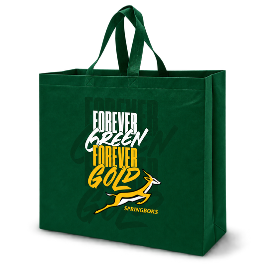 A dark green reusable tote bag with the words 'FOREVER GREEN FOREVER GOLD' and a leaping springbok graphic, plus 'SPRINGBOKS' text, shown on a clean white background.
