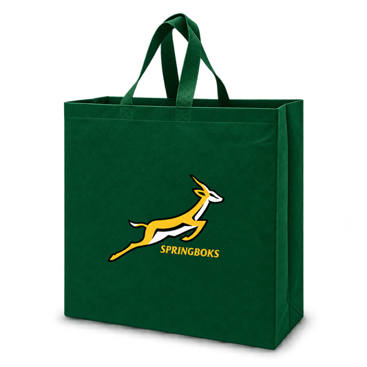 A dark green reusable tote bag with the South African Springboks logo printed on the front, featuring yellow and white details and the word 'SPRINGBOKS' underneath, set against a plain white background.