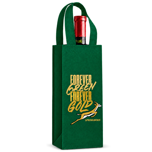 A green reusable wine bag with gold and white Springbok-themed text and graphic, shown holding a wine bottle against a plain white background.
