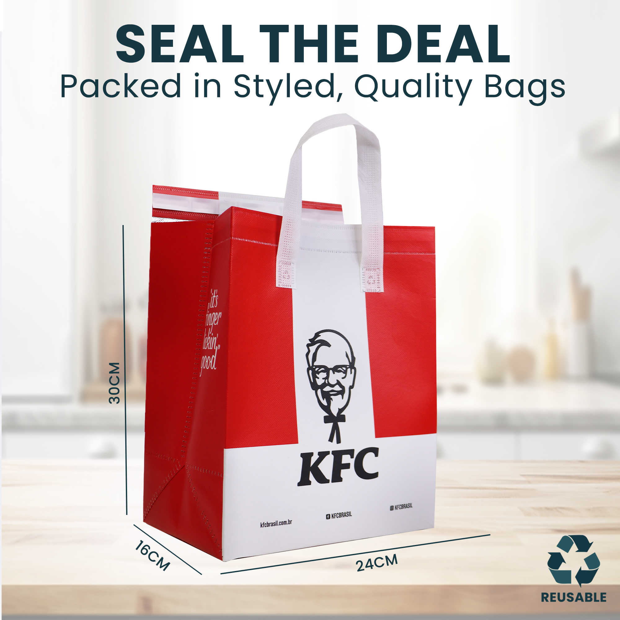 TA-S24 - Reusable Laminated Take Away Bag with Adhesive Seal | 70GSM, 12L