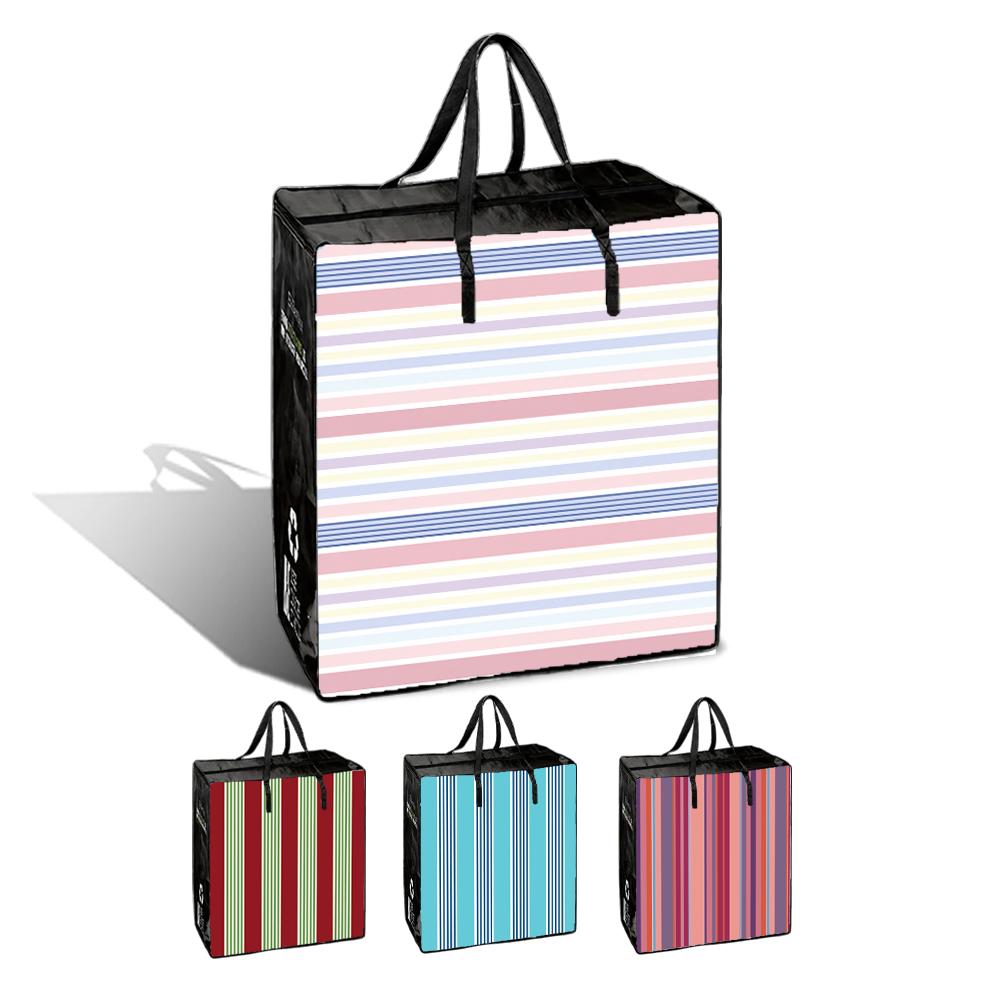 A large striped storage bag with black handles is shown on a white background, with three smaller matching bags below it. The main bag has horizontal stripes in white, pink, light blue, and pale yellow, while the smaller bags show different stripe color combinations.