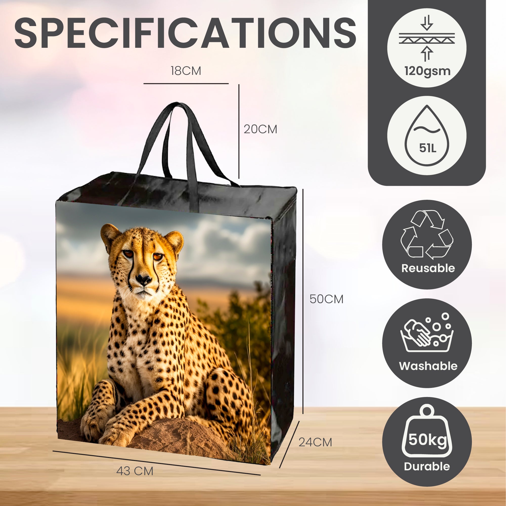SHOP02T-FLR - Floral Reusable Laminated Taxi Shopping Bag with Zipper | 120GSM, 56L