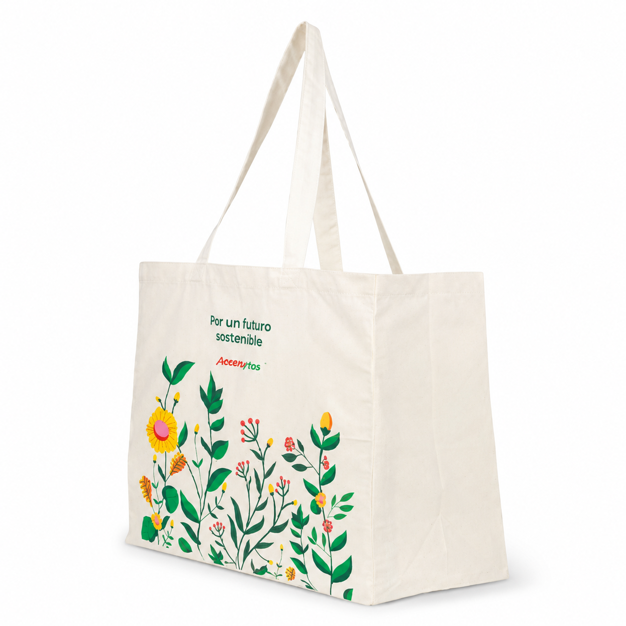 Beige tote bag with floral design and text on a white background